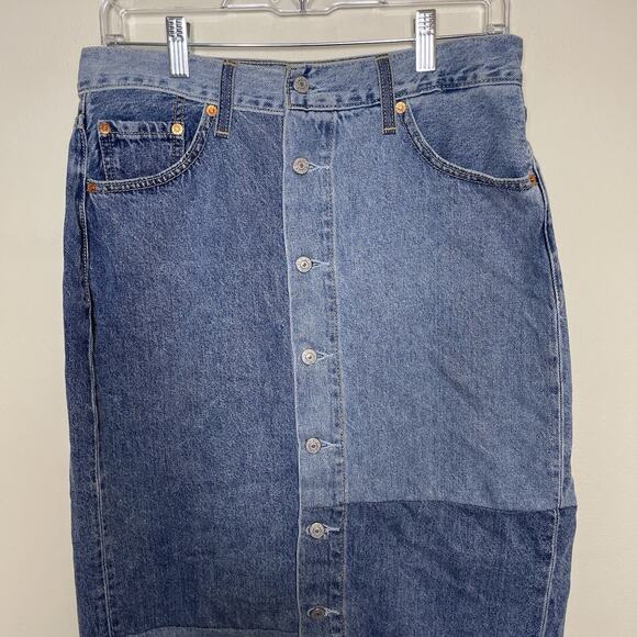 LEVI'S Premium Button Patchwork Denim Midi Skirt Back Slit Retro Boho 70's 29 - Picture 3 of 10